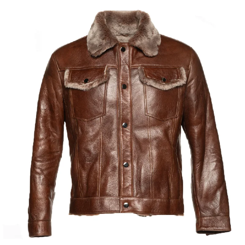 Men leather peacoats with a wool - blend lining for extra warmth in cold weather Dashiell brown trucker shearling jacket