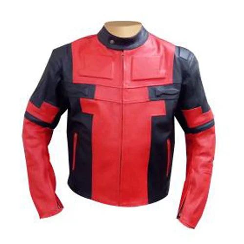 Men leather vests with a zip - front for easy layering and a cool biker - inspired style Deadpool Red and Black Cosplay Jacket