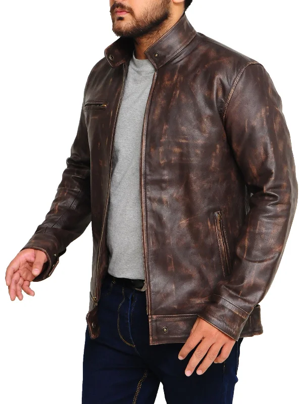 Men leather trench coats with a double - breasted design for a classic and sophisticated look Distressed Brown Snap Tab Jacket