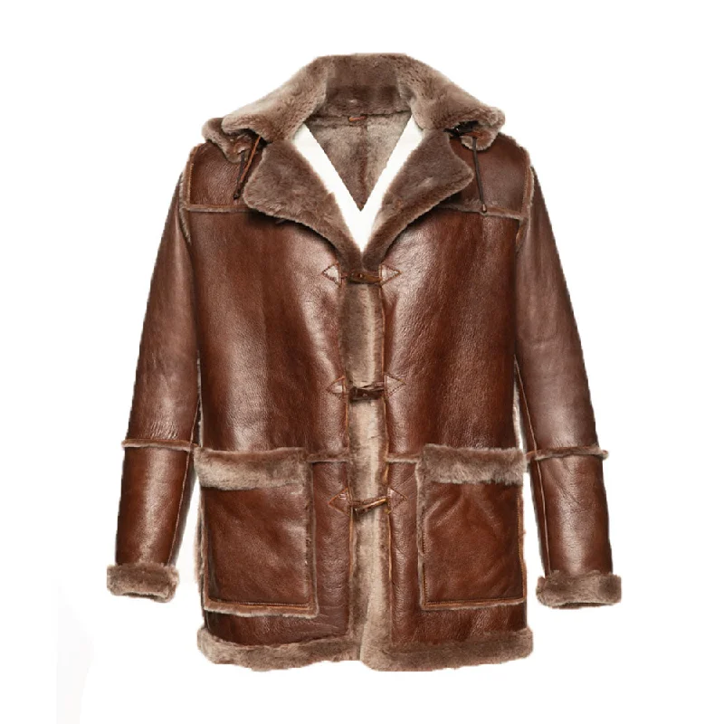 Men leather anoraks with a hooded design for protection against wind and rain Eamon Brown duffle shearling jacket