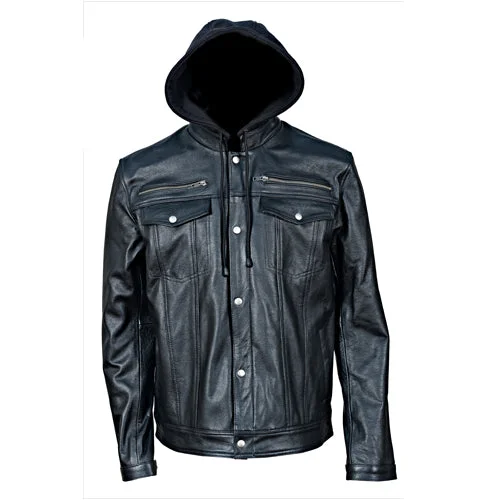 Men leather waistcoats with a decorative button - front for a formal and refined look Easton Black trucker motorcycle leather jacket with hood