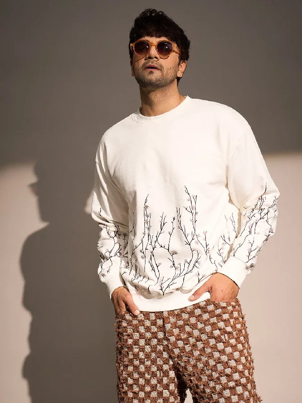 Plus - size men sweatshirt for a comfortable and stylish fit Ecru Embroidery Oversized Sweatshirt