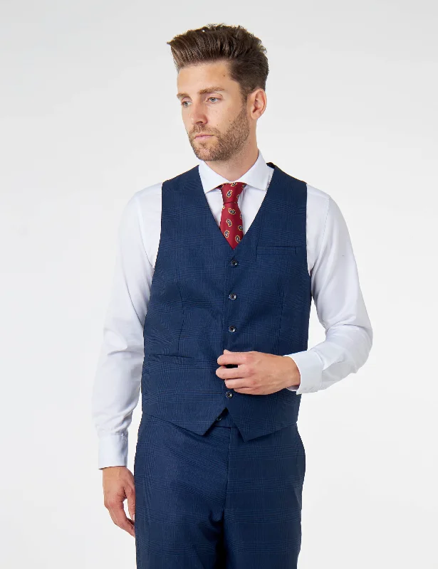 Sleeveless men waistcoats with a high - cut armhole for ease of movement EKON - Navy Prince of Wales Check Tailored Fit Waistcoat