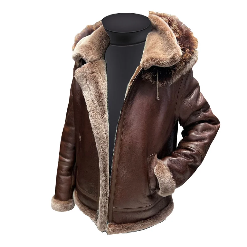 Men leather denim jackets with a combination of leather and denim for a unique hybrid style Felix Brown bomber jacket with hoodie