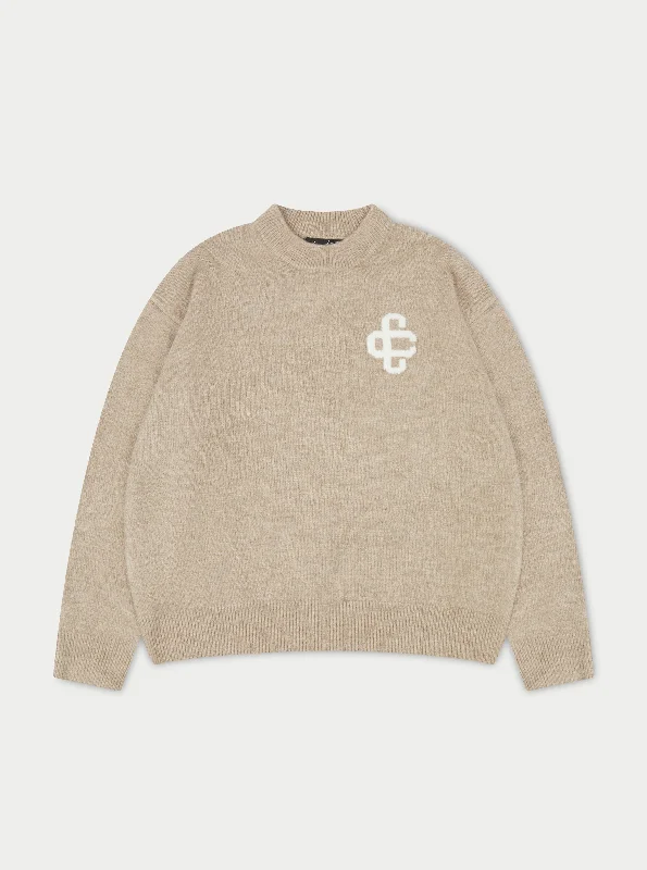 Men sweatshirt with a high - neck for added style FLUFFY KNIT EMBLEM CREW - BEIGE