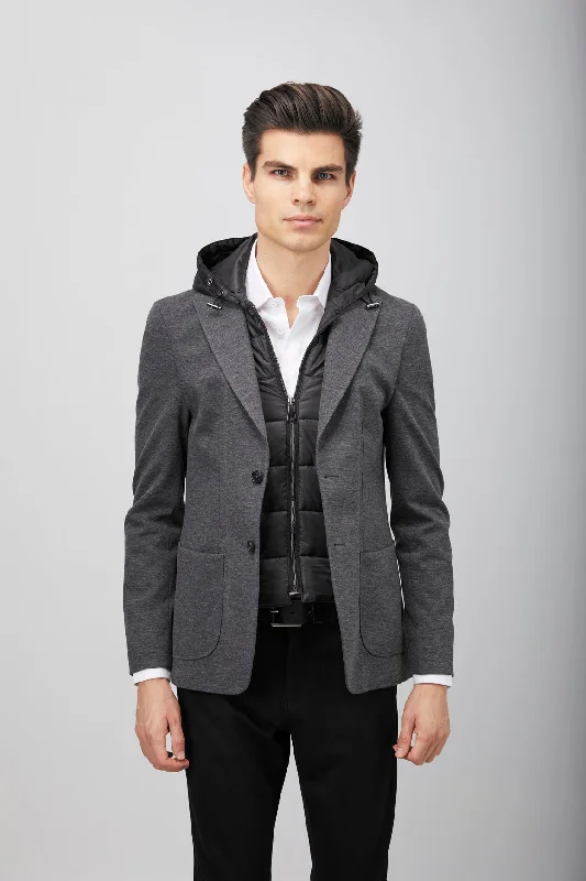 Men down jackets with a built - in hand - warmer pocket for cold fingers Grey Puffer Hood Sportcoat