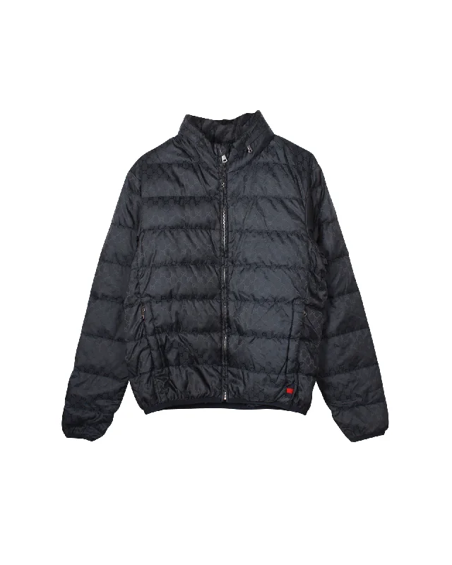 Men down jackets with a built - in hand - warmer pocket for cold fingers Gucci GG Webbing Puffer Jacket in Navy Blue Polyamide