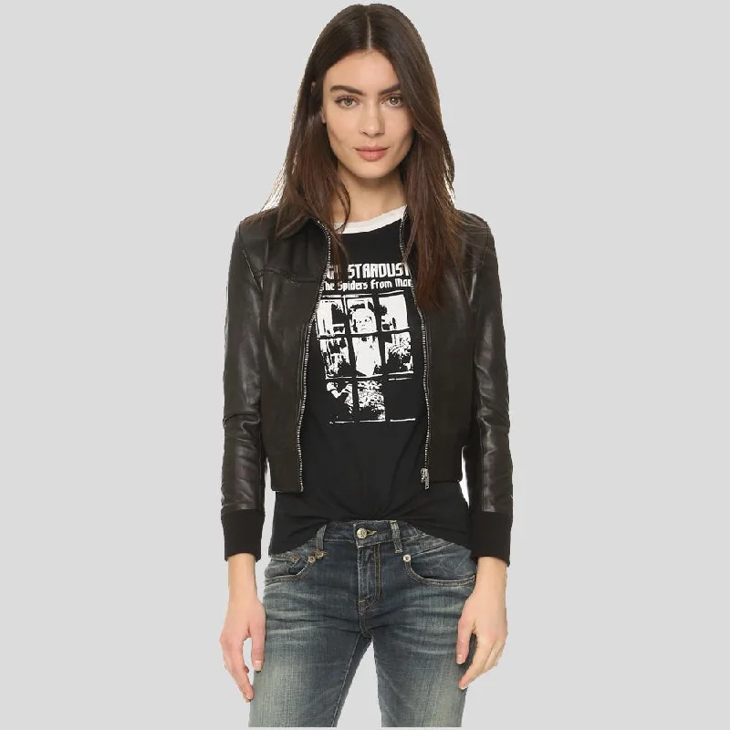 Men leather denim jackets with a combination of leather and denim for a unique hybrid style Halle Black Bomber Leather Jacket