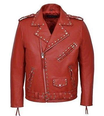 Men leather vests with a zip - front for easy layering and a cool biker - inspired style Handmade Men's Style Studded Brando Red Magnificent Leather Jacket