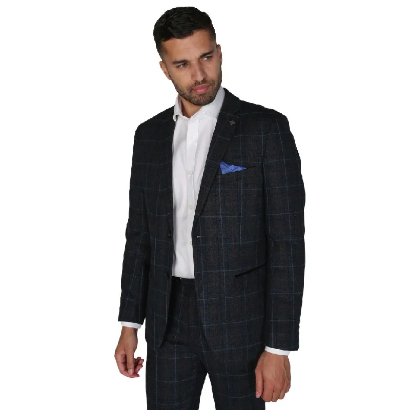Men Blazers with Patch Pockets for a Casual Aesthetic​ Harvey - Men's Navy Check Blazer Wedding Prom