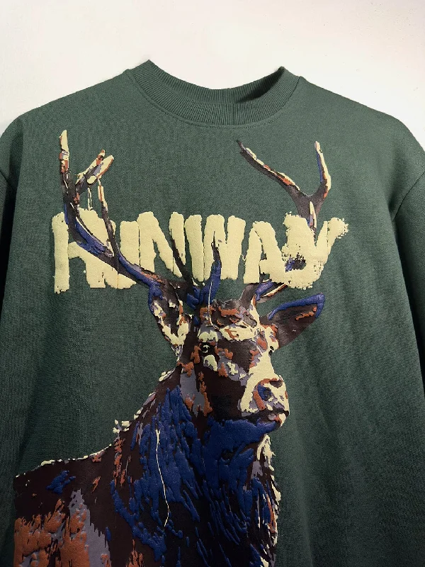Men sweatshirt with a high - neck for added style Highland Green Antelope Graphic Oversized Sweatshirt