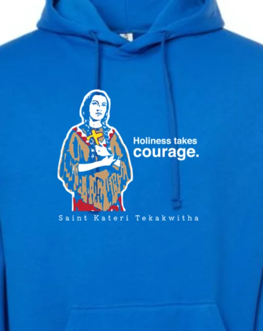 Plus - size men hoodie with a roomy fit for comfort Holiness Takes Courage - St. Kateri Tekakwitha Hoodie Sweatshirt