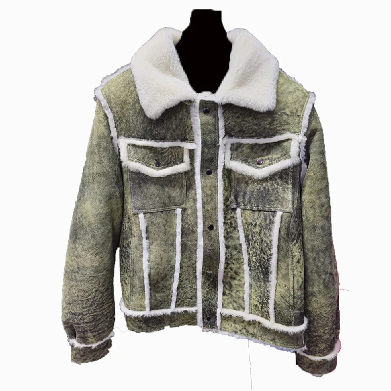 Men leather pea jackets with a high - collar for added warmth and a classic nautical style Hudson's Distressed Green Trucker Shearling Jacket