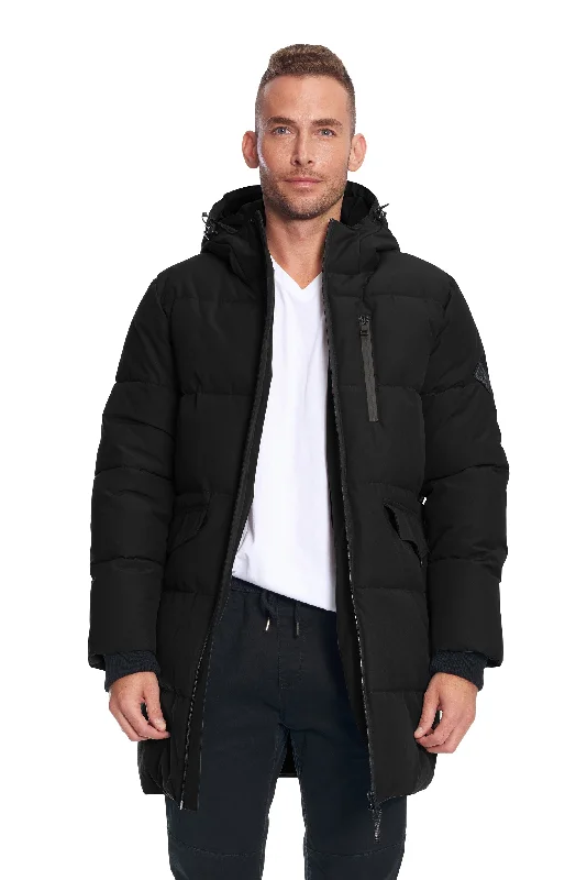 Men down jackets with an adjustable hem to seal out the cold air JASPER | MEN'S VEGAN DOWN (RECYCLED) PUFFER COAT