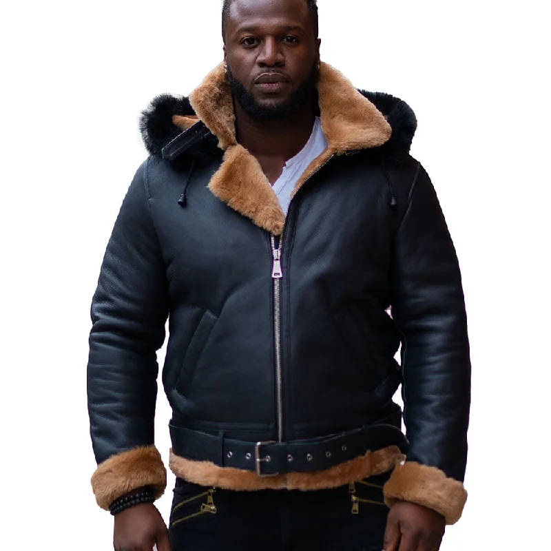 Men leather waistcoats with a decorative button - front for a formal and refined look Jean's B3 Bomber Aviator Shearling Jacket with hoodie