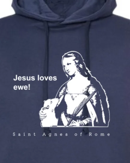 Retro - inspired men hoodie with a varsity logo Jesus Loves Ewe - St. Agnes Hoodie Sweatshirt