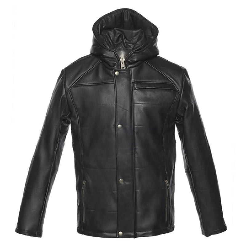 Men leather jackets with a distressed look for a rugged and vintage appeal Jules black Buttoned up hooded leather jacket