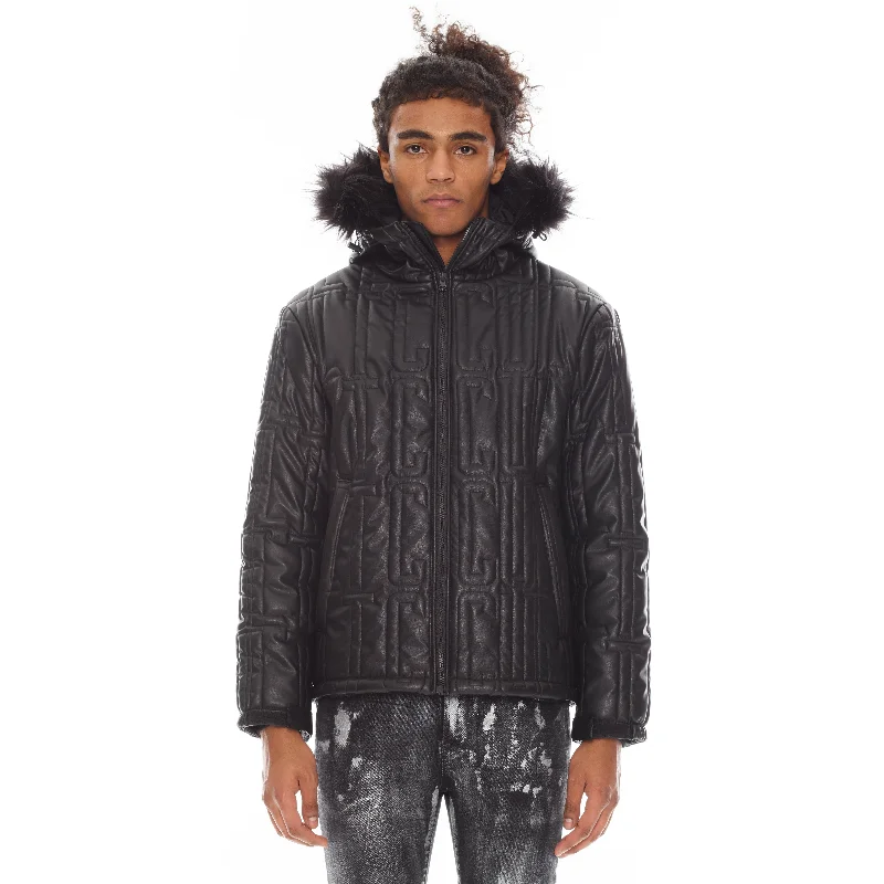Men down jackets with a high - collar design for enhanced neck protection Leather Puffer Jacket With Fur Hood In Black