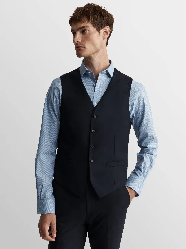 Zip - front men vest with multiple inner pockets for storage Leo Italian Luxury Slim Navy Waistcoat