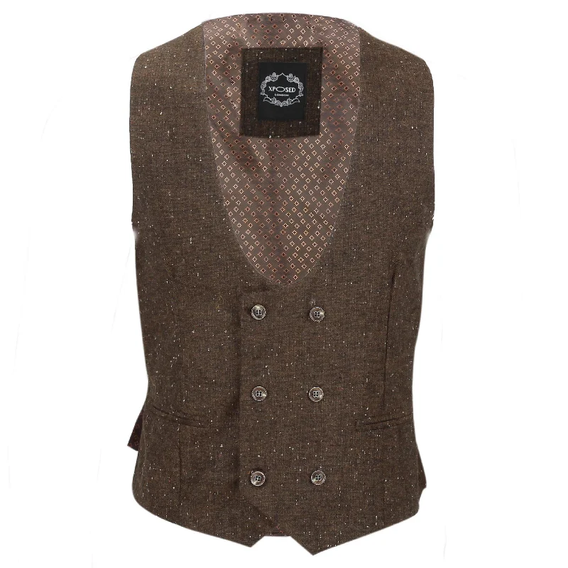 Plus - size men vest with an extended length for a comfortable fit LEON - BROWN DOUBLE BREASTED WAISTCOAT
