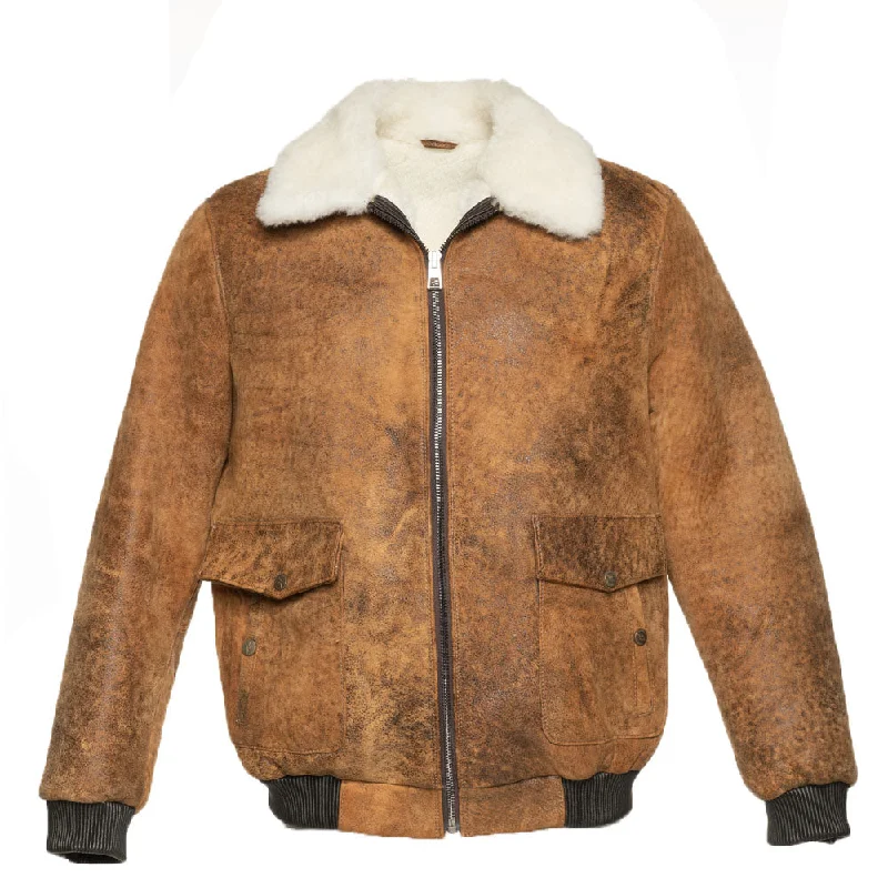 Men leather moto jackets with multiple zipper pockets for added storage and an edgy appearance Lucian's distressed brown A2 Bomber shearling jacket