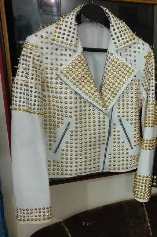 Men leather chore jackets with a durable waxed - leather finish for a rustic and hard - wearing option Man White Leather Jacket, Steampunk Golden Studded Punk Jacket