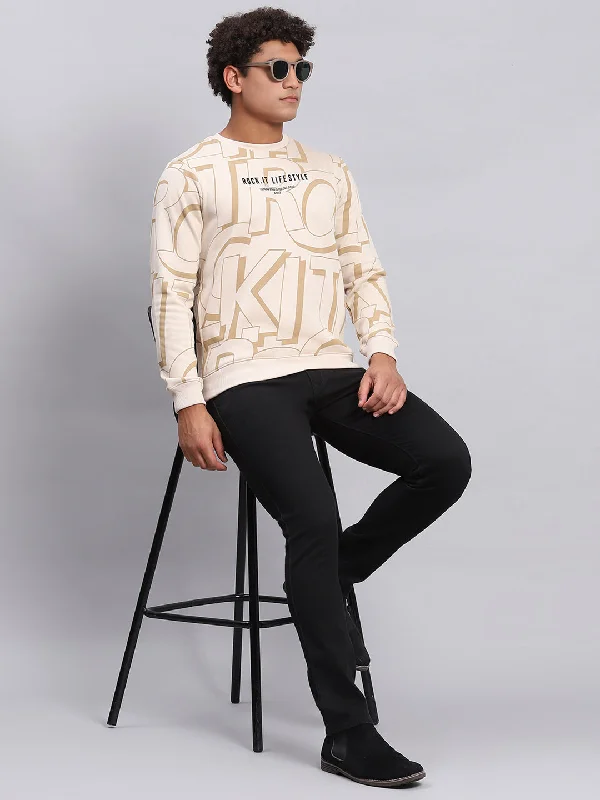 Retro - style men sweatshirt inspired by the 80s Men Beige Printed Round Neck Full Sleeve Sweatshirt