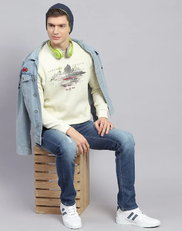Men sweatshirt for outdoor adventures like hiking Men Beige Solid Round Neck Full Sleeve Sweatshirt