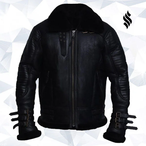Men leather hunting jackets with a camouflage - printed leather for outdoor pursuits Men Black Biker Shearling Jacket