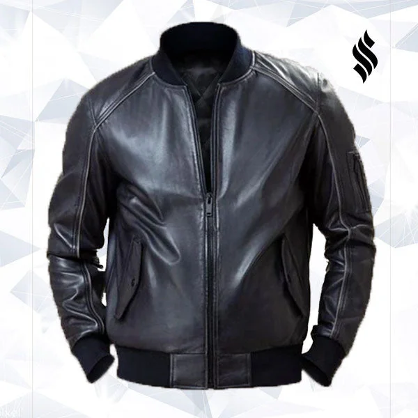 Men leather chore jackets with a durable waxed - leather finish for a rustic and hard - wearing option Men Black Bomber Jacket