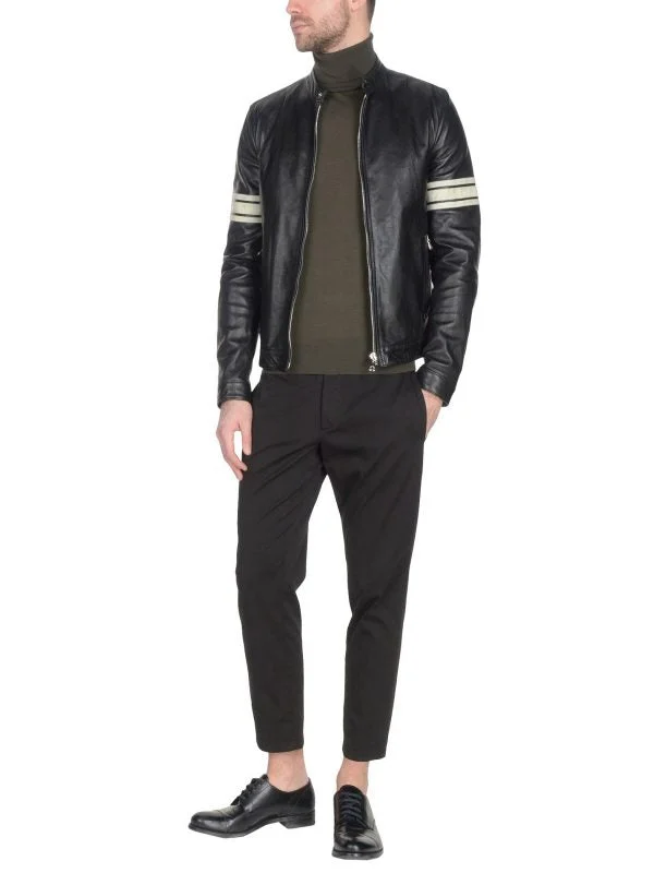 Men leather bomber jackets with ribbed cuffs and hem for a snug and retro feel Men Black Leather Jacket With White Strips