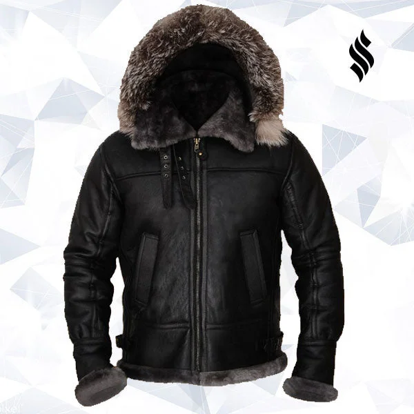 Men leather moto jackets with multiple zipper pockets for added storage and an edgy appearance Men Black Shearling Jacket With Hoodie