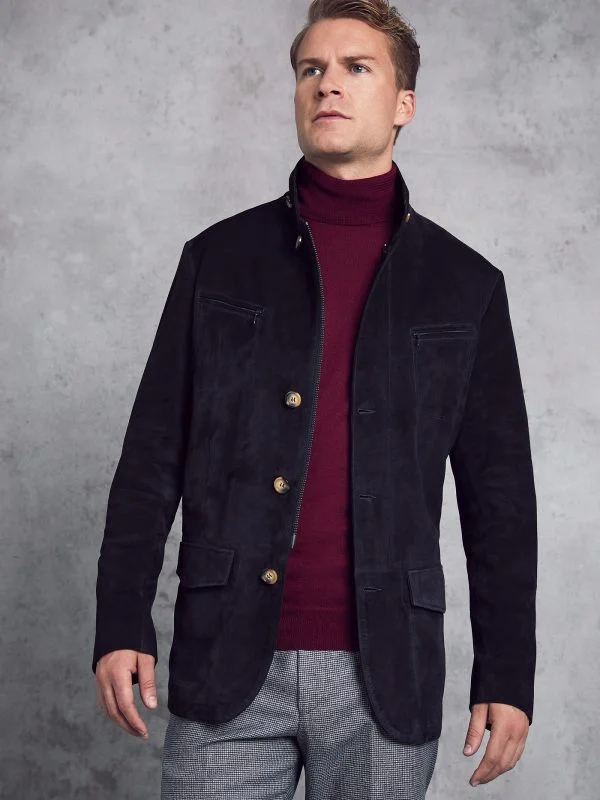 Men leather sport coats with a stretch - fabric panel for enhanced mobility Men Black Suede Leather Jacket