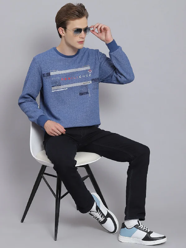 V - neck men sweatshirt for a unique look Men Blue Printed Round Neck Full Sleeve Sweatshirt