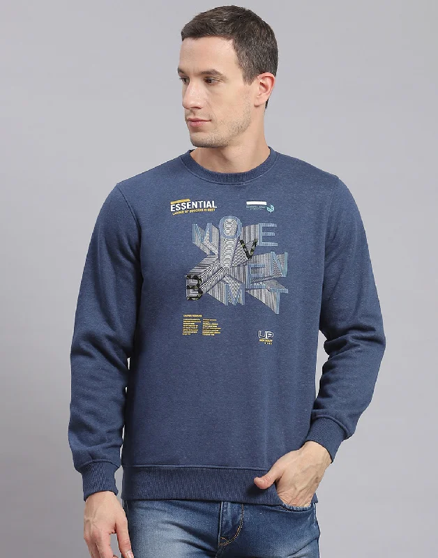 Hooded men sweatshirt with a drawstring closure Men Blue Printed Round Neck Full Sleeve Sweatshirt