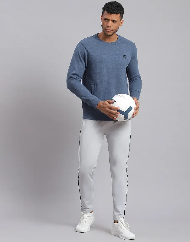 Hooded men sweatshirt with a drawstring closure Men Blue Solid Round Neck Full Sleeve Sweatshirt