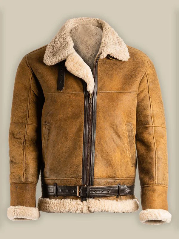 Men leather waistcoats with a decorative button - front for a formal and refined look Men Brown B3 Shearling Leather Jacket