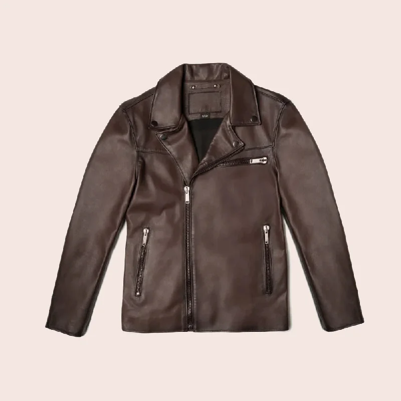 Men leather bomber jackets with ribbed cuffs and hem for a snug and retro feel Men Brown Motorcycle Leather Racer Jacket