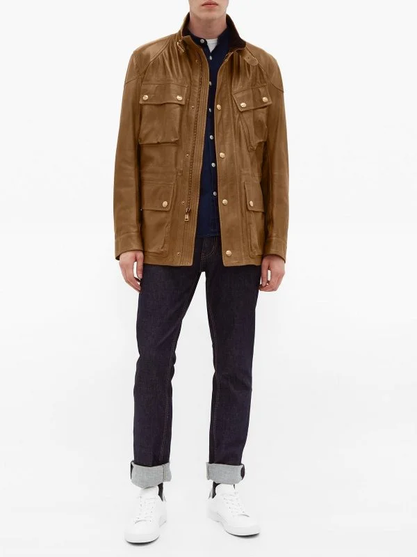 Men leather blouson jackets with a drawstring hem for a customizable fit Men Brown Utility Leather Jacket