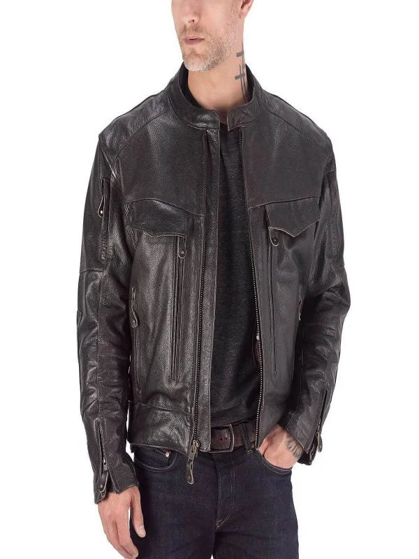 Men leather waistcoats with a decorative button - front for a formal and refined look Men Classic Motorcycle Jacket