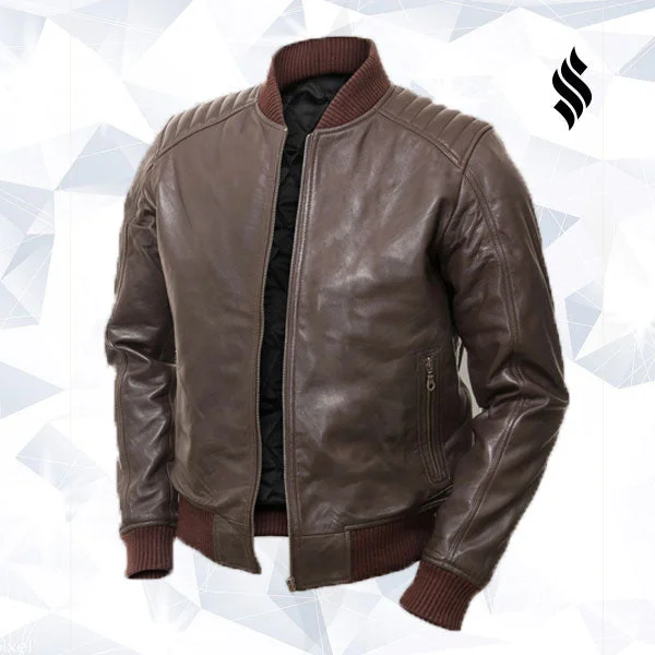 Men leather pea jackets with a high - collar for added warmth and a classic nautical style Men Dark Brown Bomber Jacket