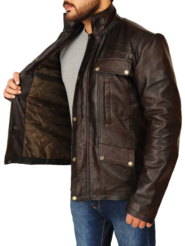 Men leather moto jackets with multiple zipper pockets for added storage and an edgy appearance Men Dark Brown Leather Jacket