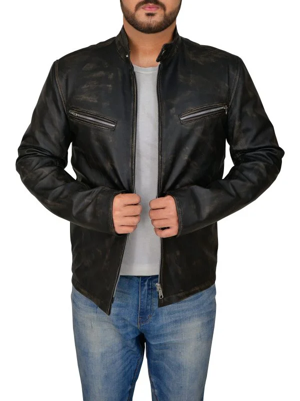 Men leather anoraks with a hooded design for protection against wind and rain Men Distressed Black Cafe Racer Jacket