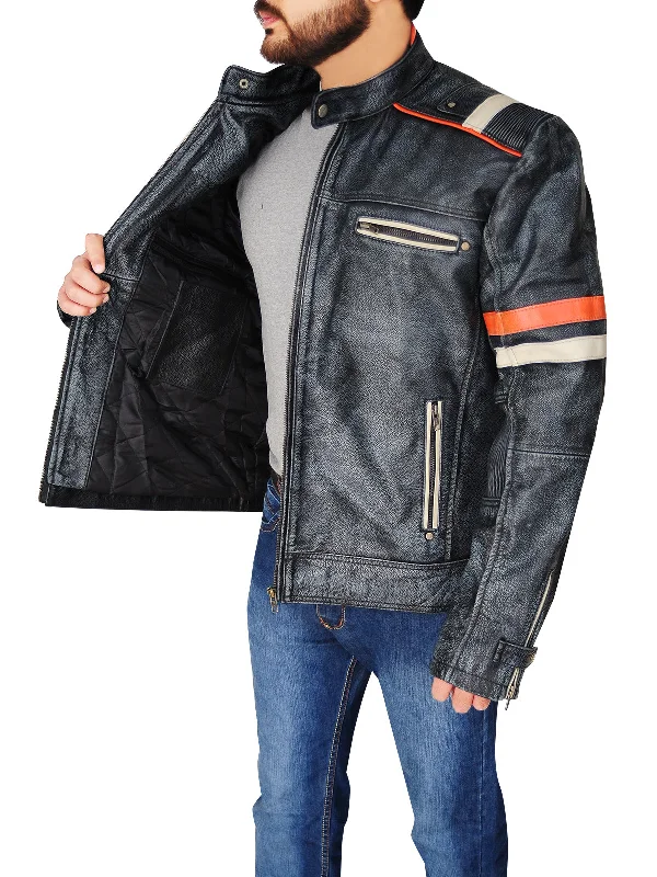 Men leather safari jackets with a breathable cotton - blend exterior for outdoor adventures Men Distressed Black Cafe Racer Jacket