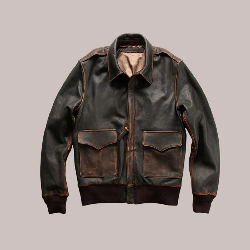 Men leather chore jackets with a durable waxed - leather finish for a rustic and hard - wearing option Men Distressed Brown Aviator A2 Military Pilot Leather Bomber Jacket