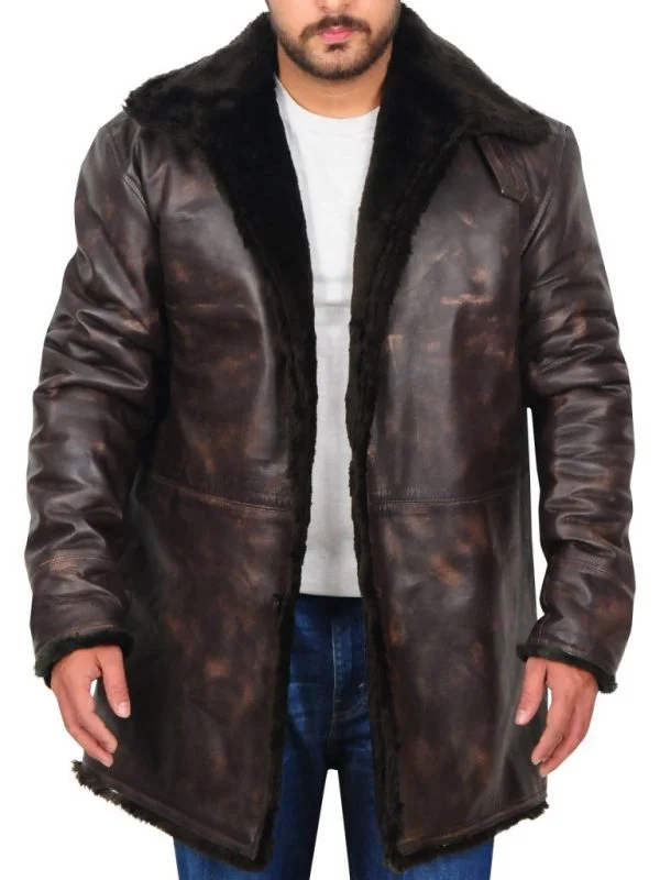 Men leather bomber jackets with ribbed cuffs and hem for a snug and retro feel Men Distressed Brown Fur Collar Jacket