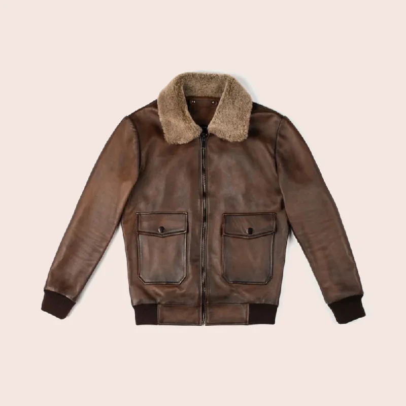 Men leather moto jackets with multiple zipper pockets for added storage and an edgy appearance Men G-1 Flight Chocolate Brown Genuine Leather Bomber Jacket