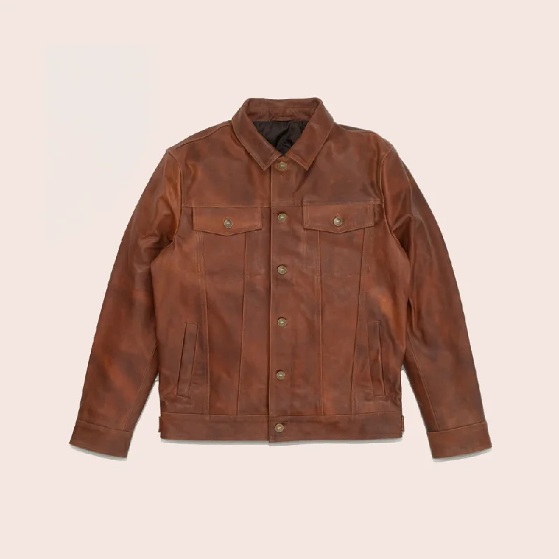 Men leather jackets with a distressed look for a rugged and vintage appeal Men Goatskin Plain Brown Trucker Leather Jacket