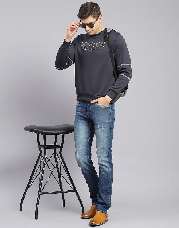 Plus - size men sweatshirt for a comfortable and stylish fit Men Grey Printed Round Neck Full Sleeve Sweatshirt