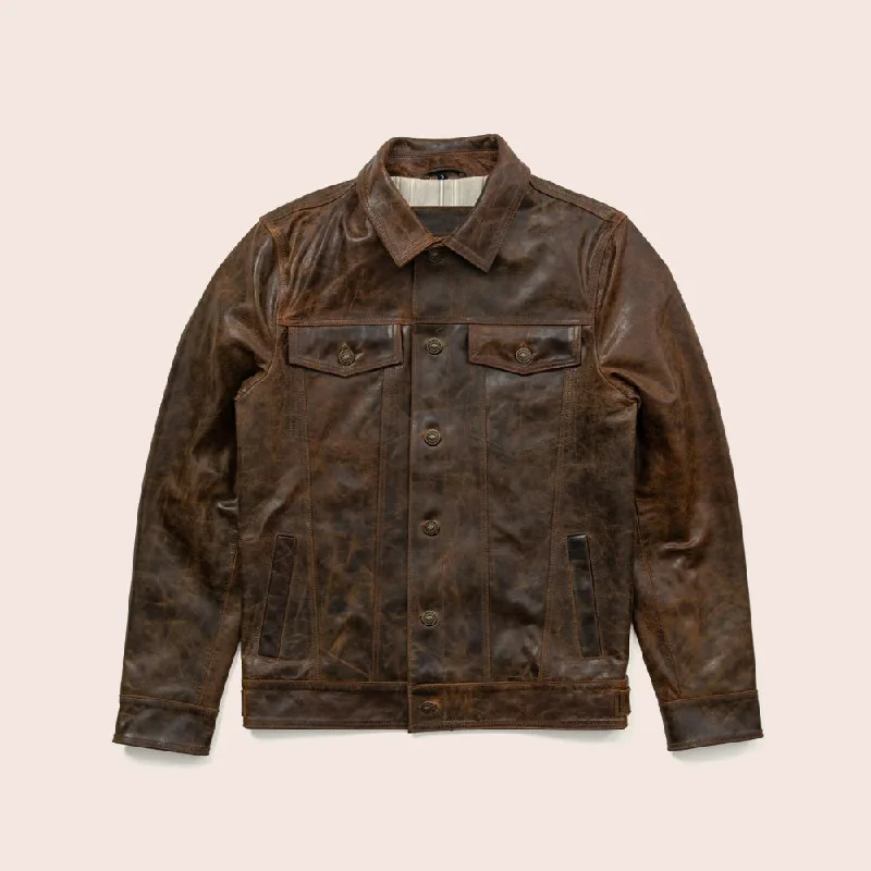 Men leather parkas with a removable fur - trimmed hood for a versatile and stylish look Men Lambskin Iconic Brown Trucker Leather Jacket